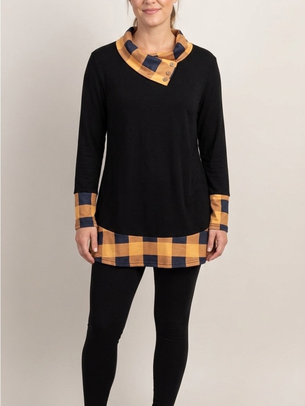 Black Tunic Top with Yellow & Black Plaid Trim